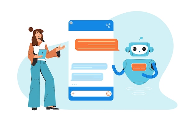 flat woman chatting with chatbot communicating ai robot assistant 88138 959 Chatbot Vatsin Technology Solutions