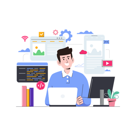 male web developer doing research on development illustration download in svg png gif file formats thinking researching and pack design illustrations 4759504 Web Development Vatsin Technology Solutions