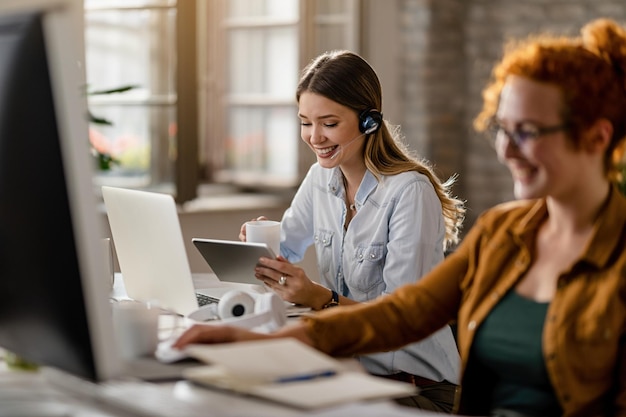 happy female entrepreneur with headset drinking coffee while surfing net touchpad office 637285 1983 Dynamics 365 Customer Service Community Vatsin Technology Solutions