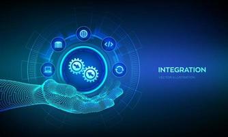 integration data system system integration technology concept in wireframe hand industrial and smart technology business and automation solutions illustration vector Data Integration Hub Vatsin Technology Solutions